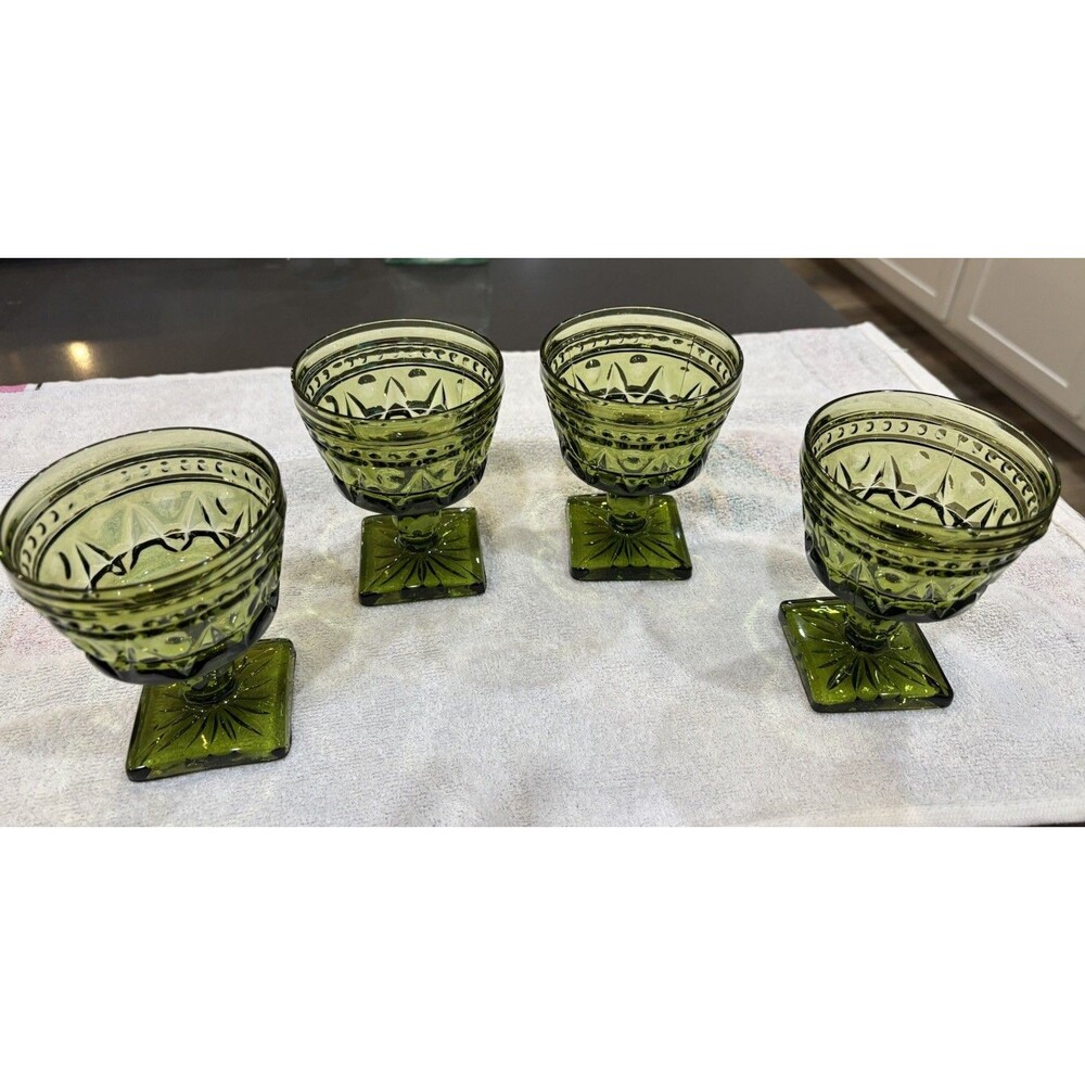 Sets Of Four (4) Vintage Indiana Green Glass Mid Century Goblets Sherbet Glasses
